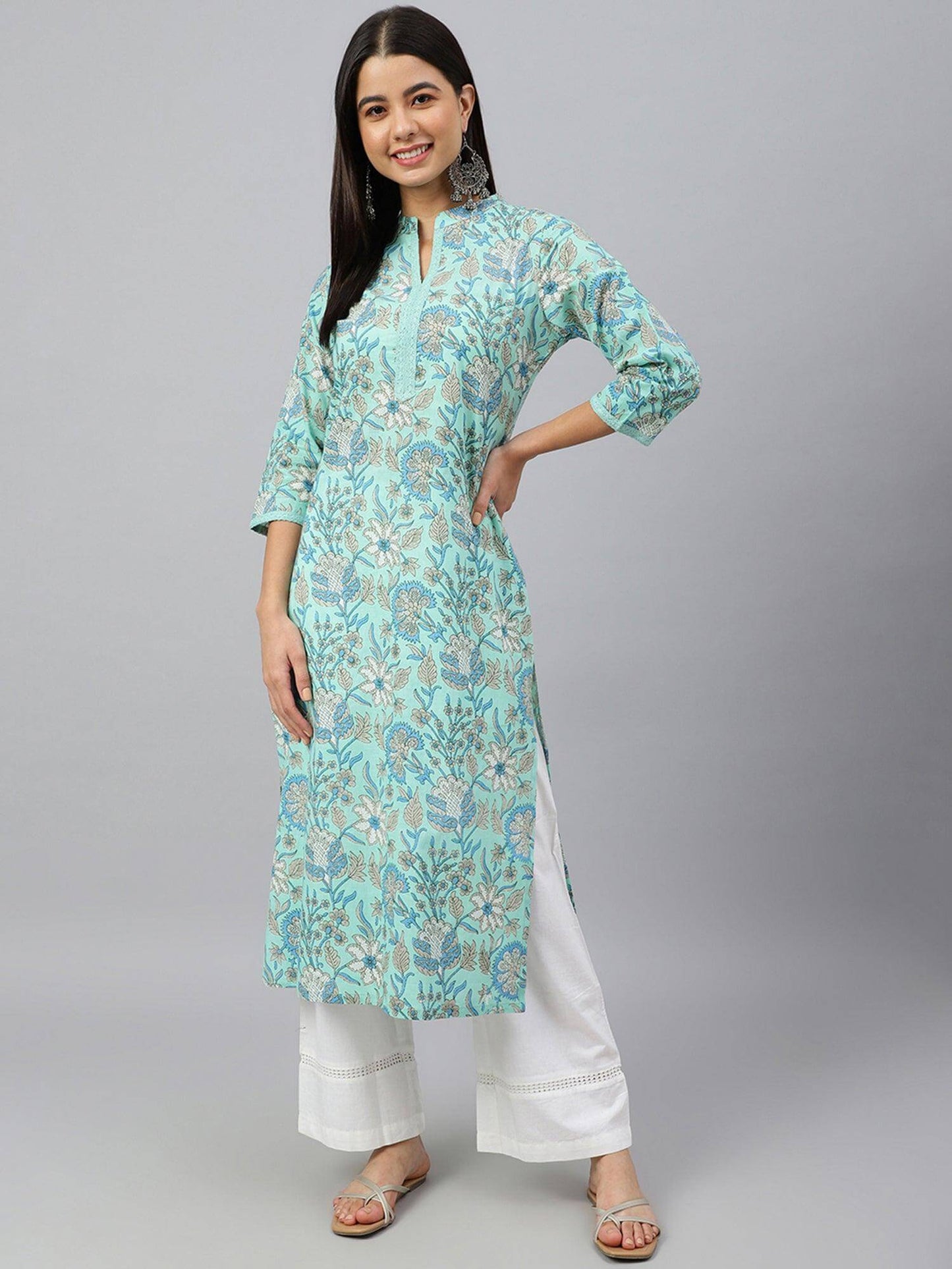 Mint Green Cotton Floral Block Print Straight Kurta