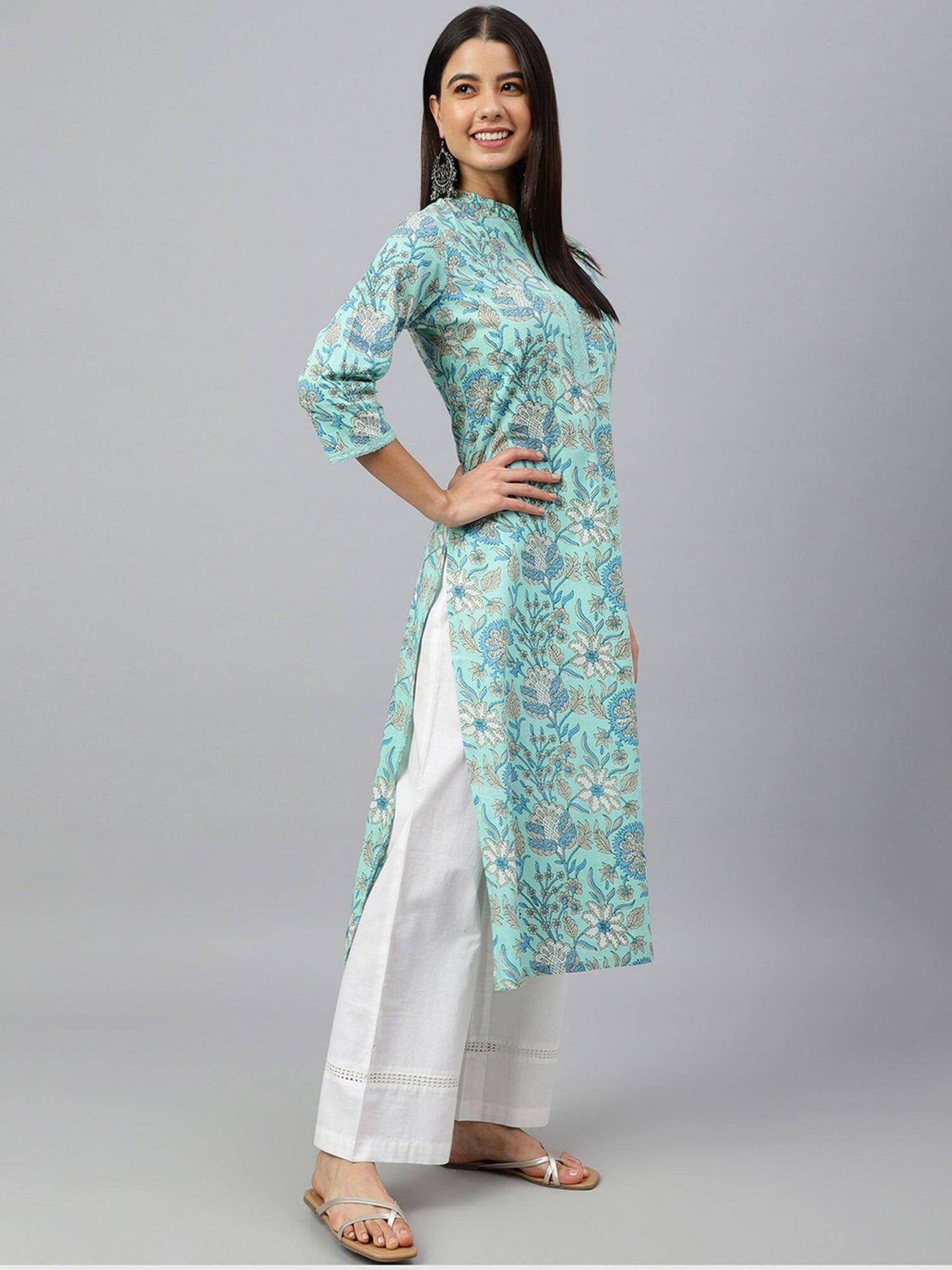 Mint Green Cotton Floral Block Print Straight Kurta