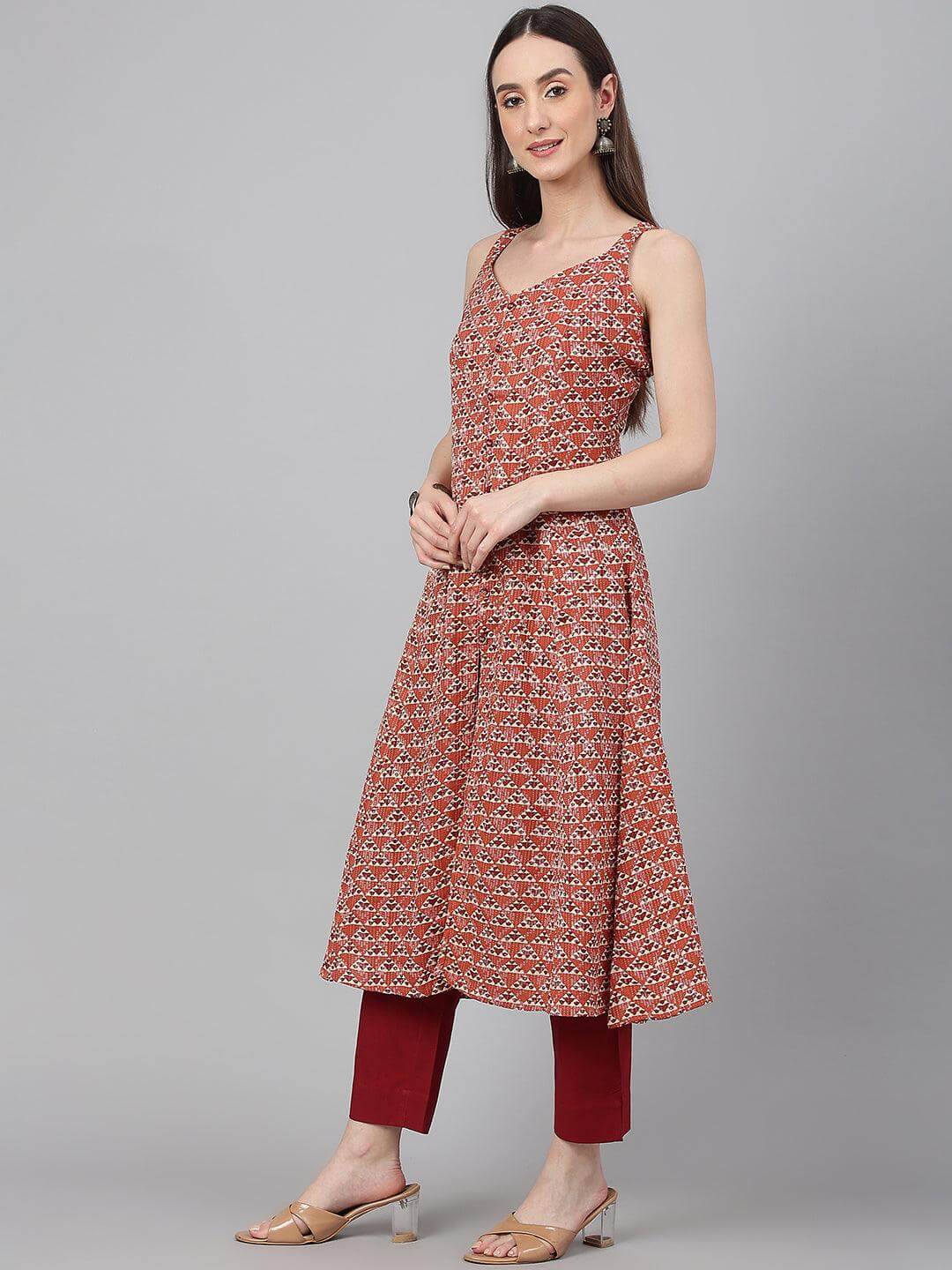 Rust Cotton Geometric A-line Kurta