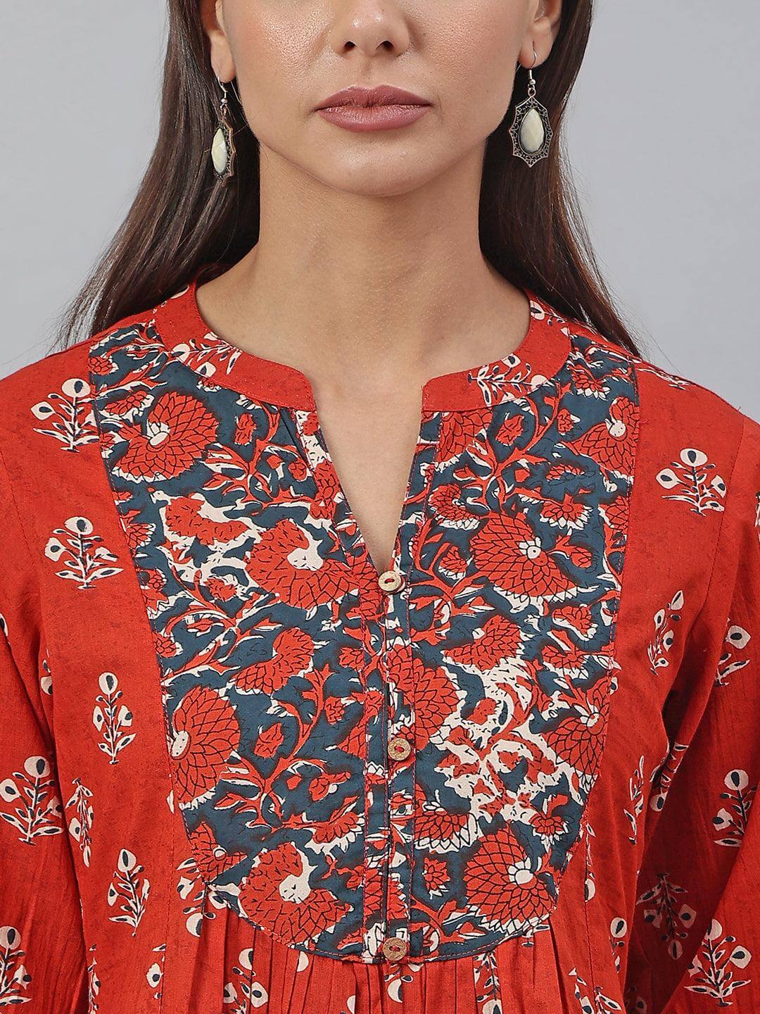 Red Cotton Floral Print Flared Kurta