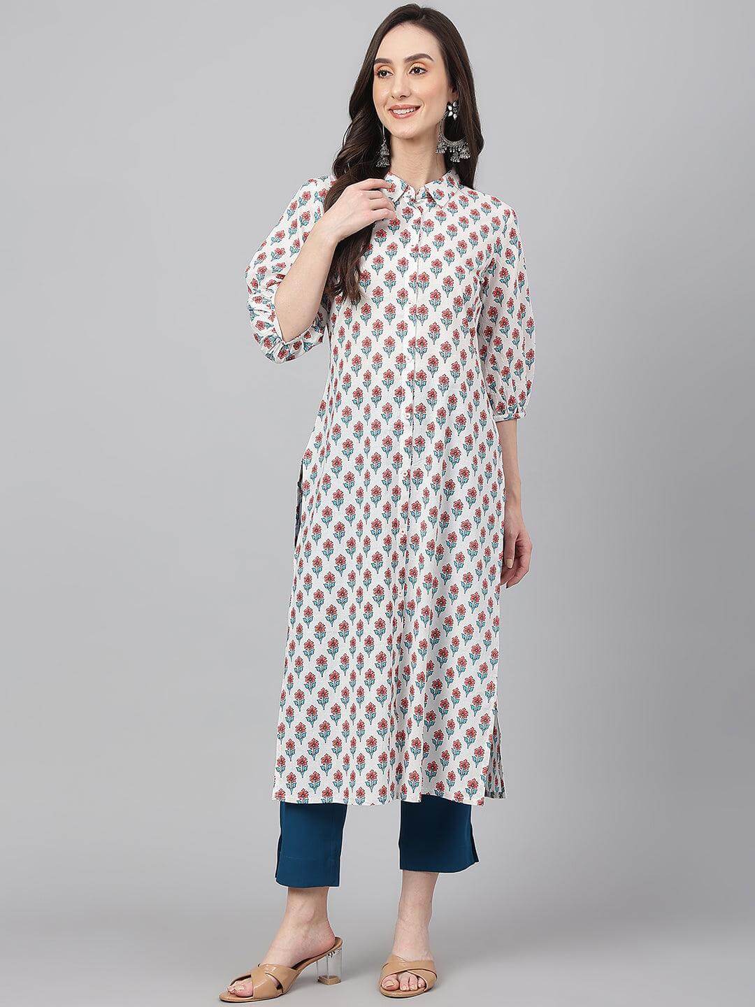 White Cotton Floral Print Straight Kurta