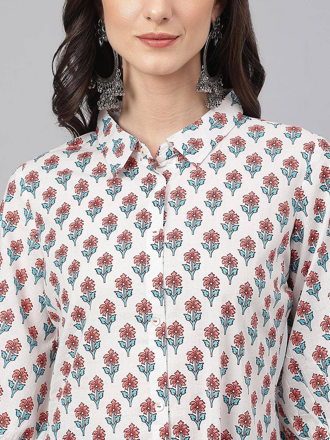 White Cotton Floral Print Straight Kurta