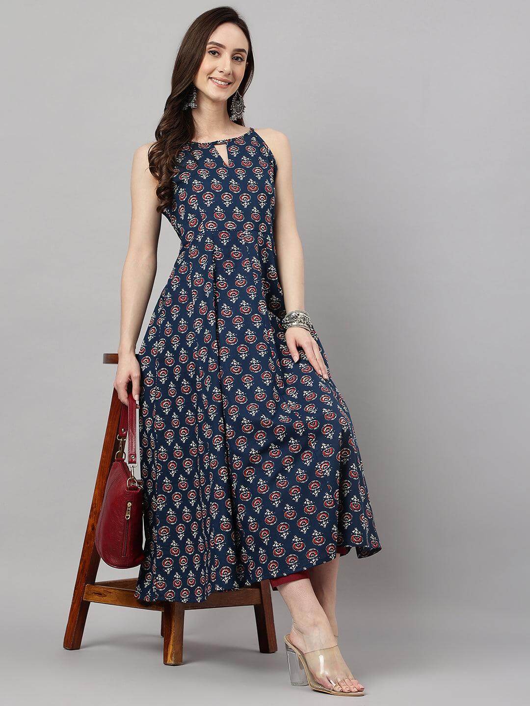 Women's Navy Blue Cotton Block Print Anarkali Kurta