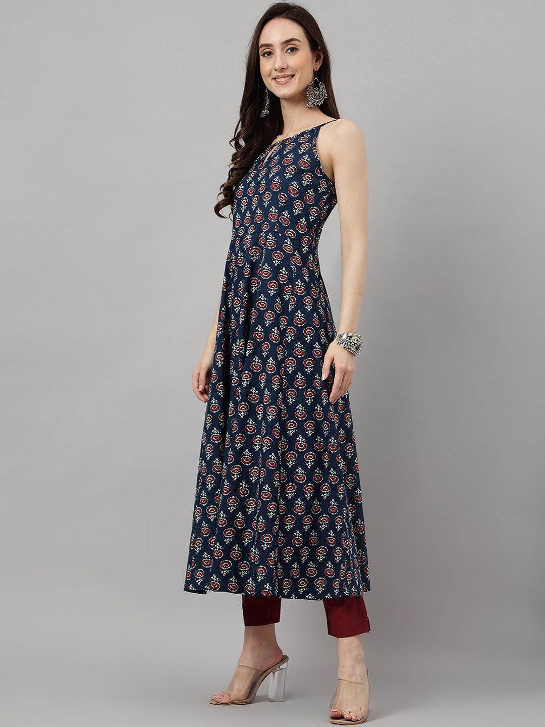Women's Navy Blue Cotton Block Print Anarkali Kurta