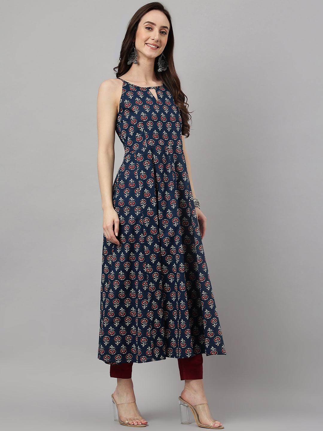 Women's Navy Blue Cotton Block Print Anarkali Kurta