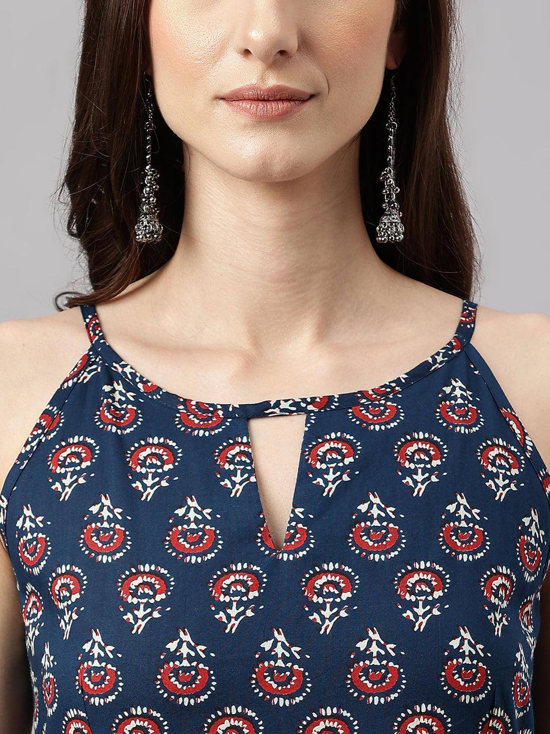 Women's Navy Blue Cotton Block Print Anarkali Kurta