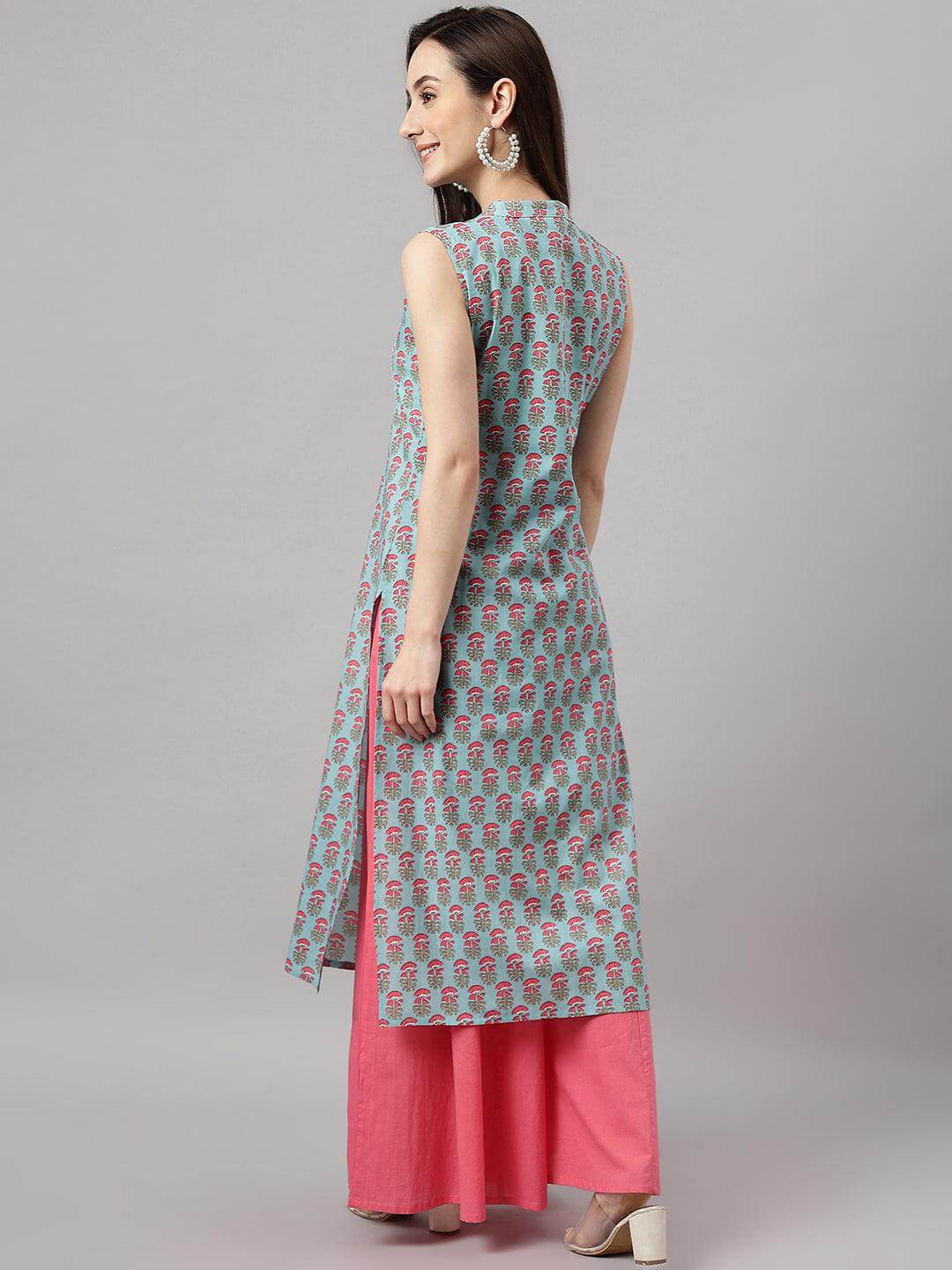 Aqua Blue Cotton Block Print Straight Kurta