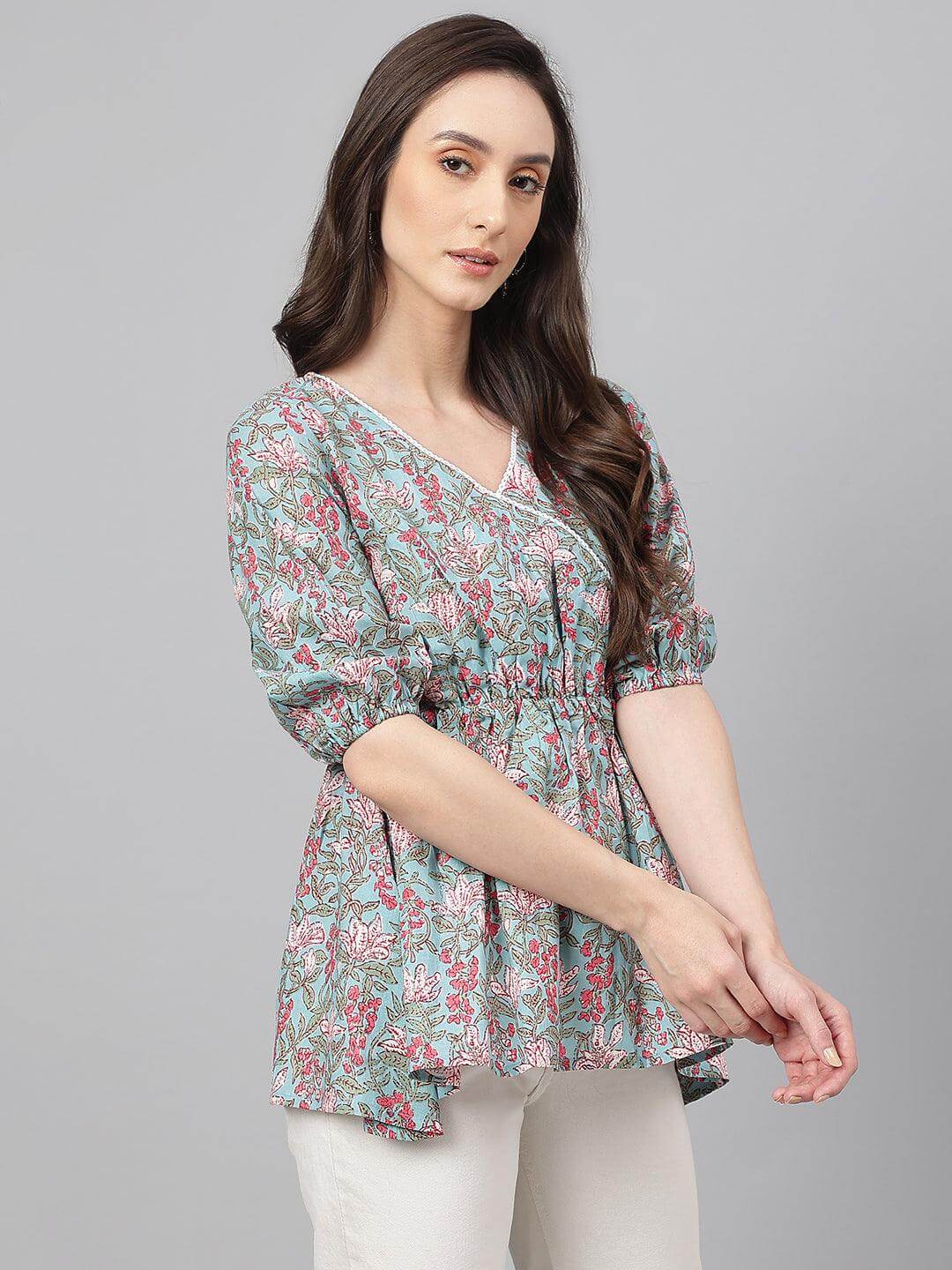 Aqua Blue Cotton Floral Print Peplum Top