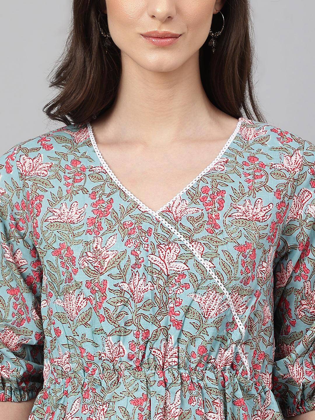 Aqua Blue Cotton Floral Print Peplum Top