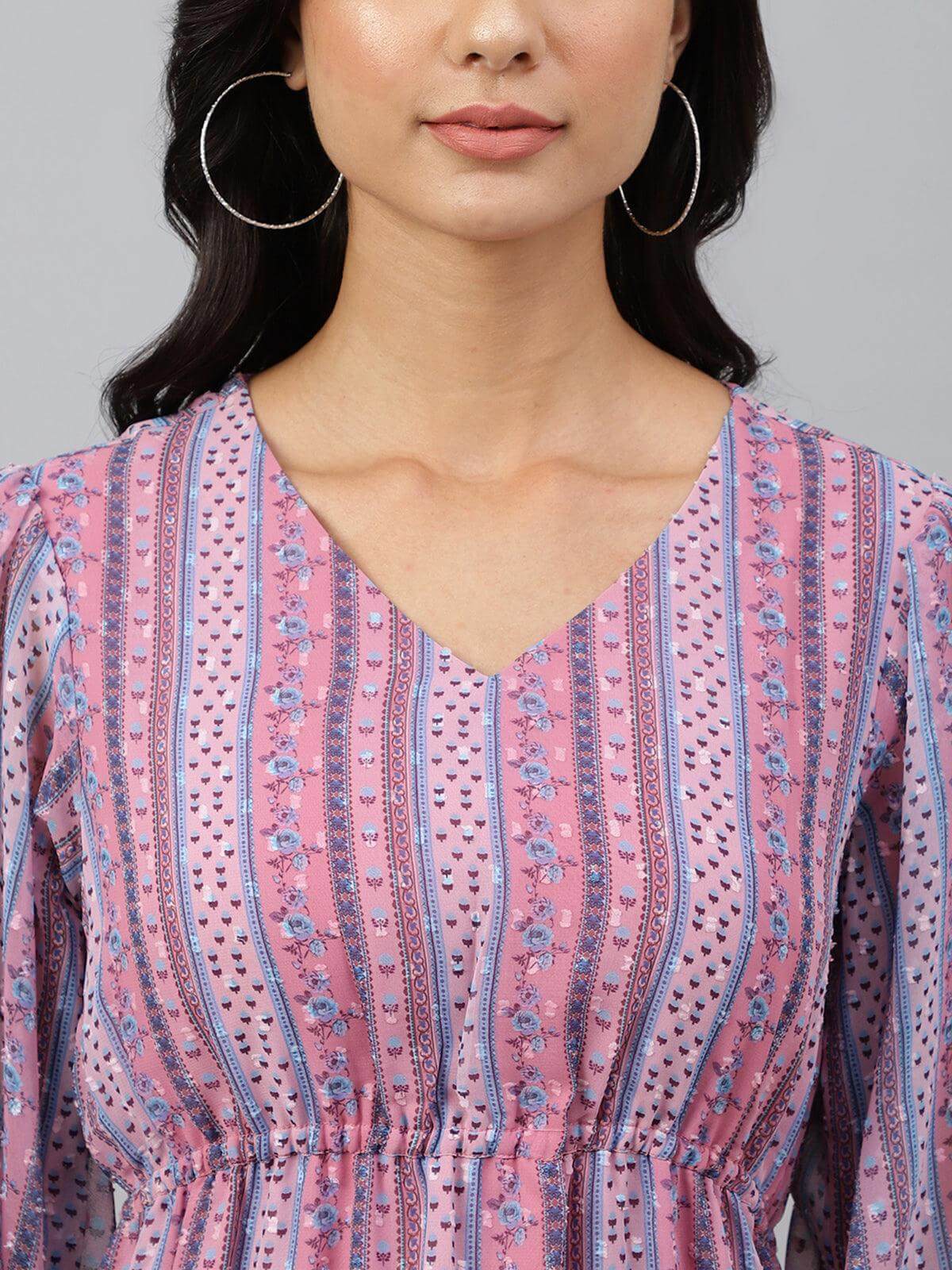 Pink Dobby Georgette Digital Print High Low Western Dress