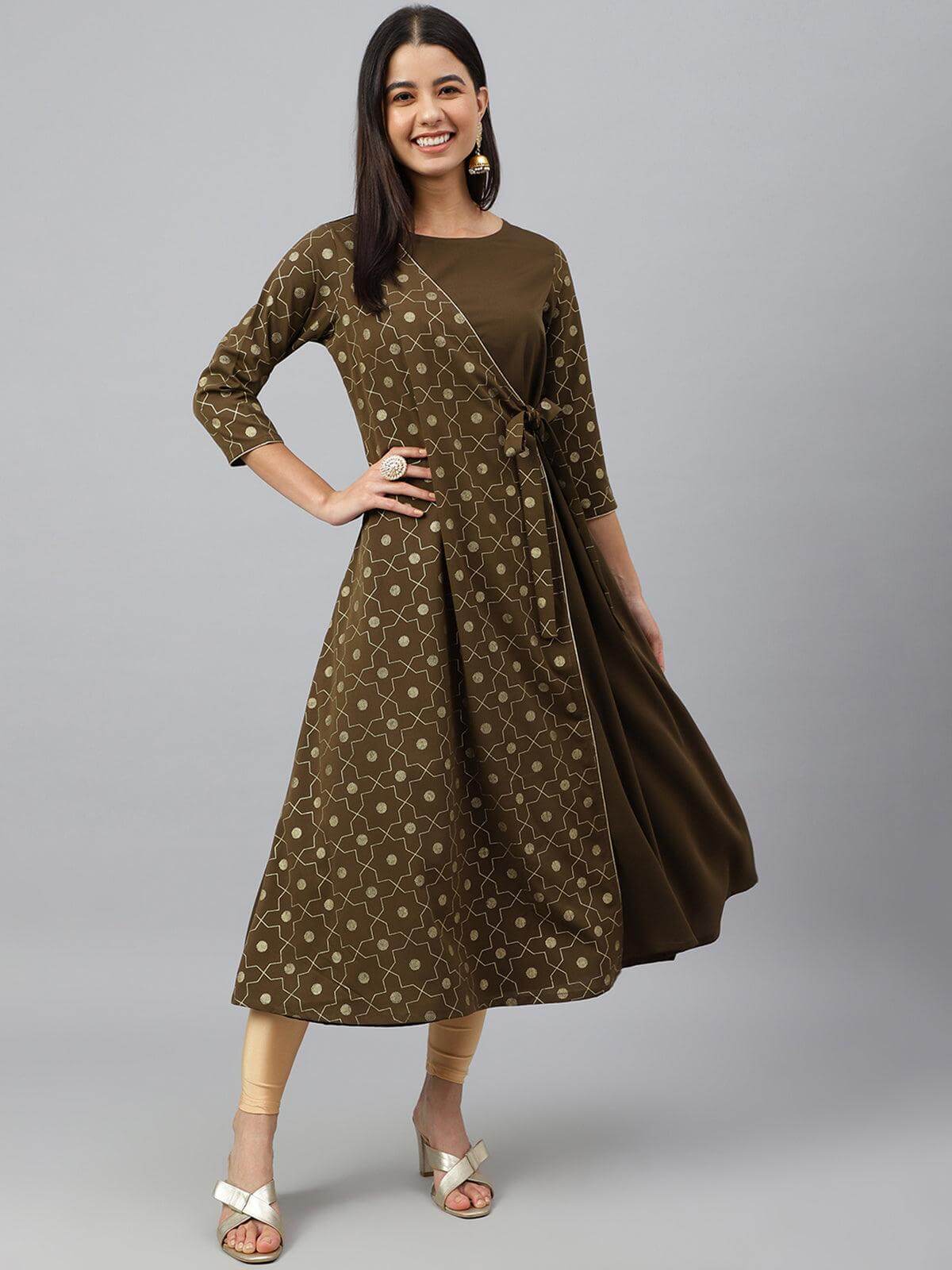 Mehendi Green Crepe Foil Print Angrakha Kurta