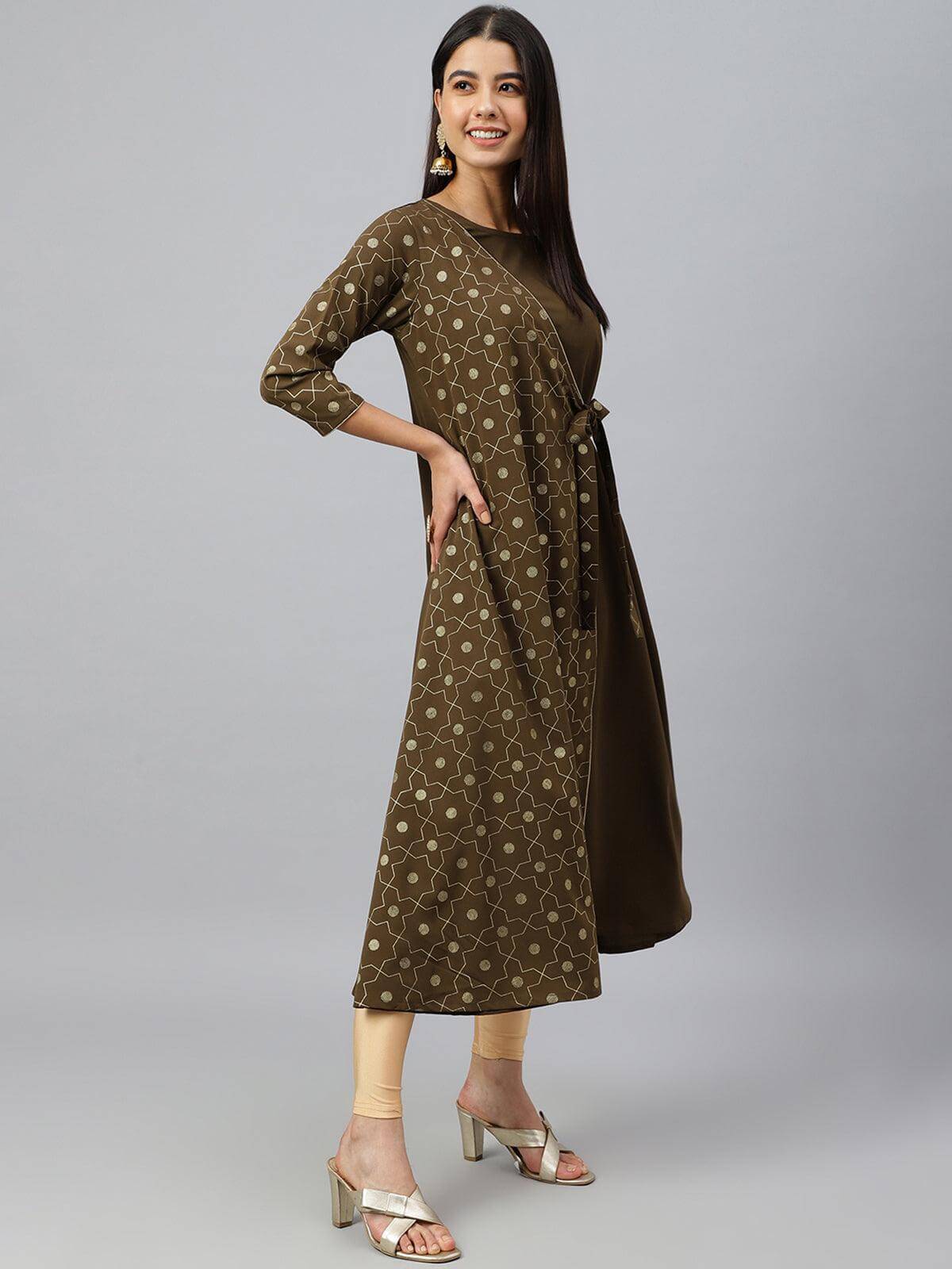 Mehendi Green Crepe Foil Print Angrakha Kurta