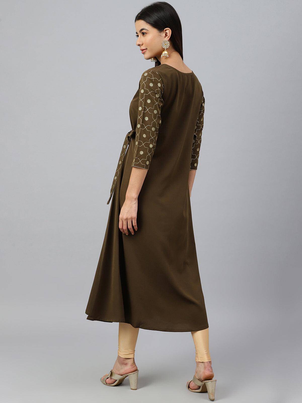 Mehendi Green Crepe Foil Print Angrakha Kurta