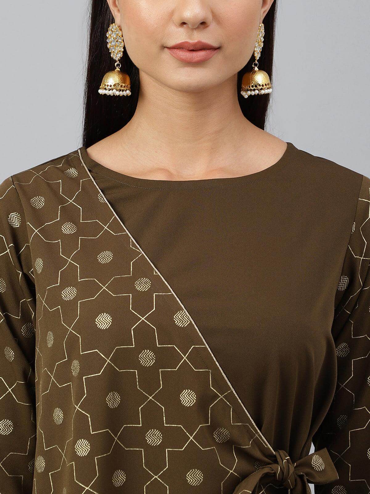 Mehendi Green Crepe Foil Print Angrakha Kurta