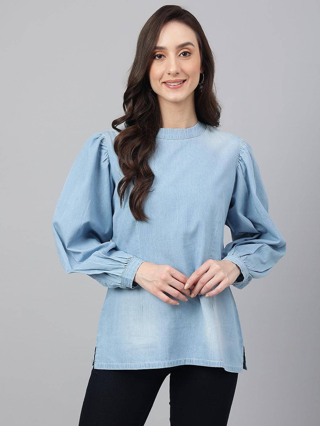 Light Blue Denim Solid Regular Top