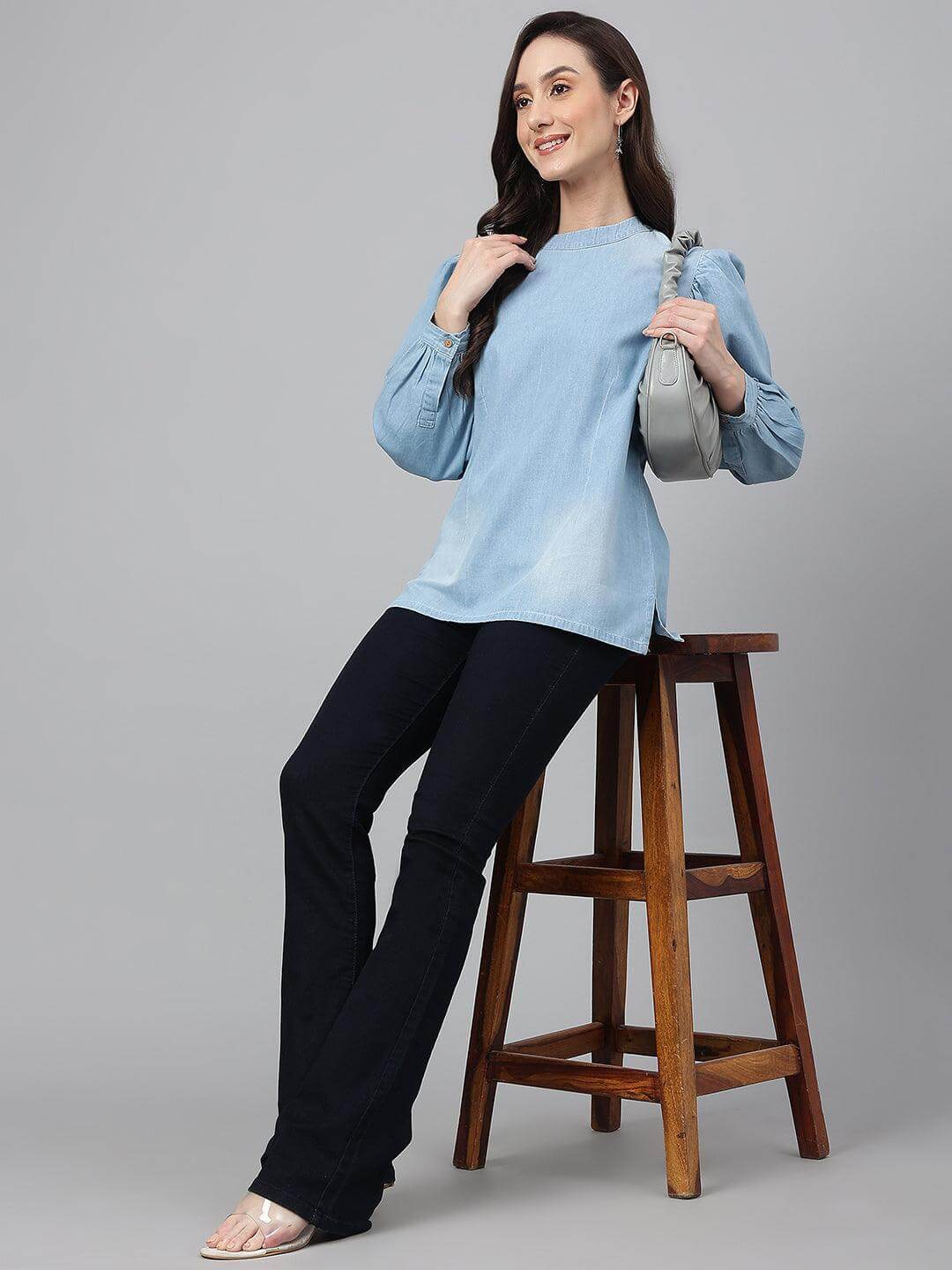Light Blue Denim Solid Regular Top