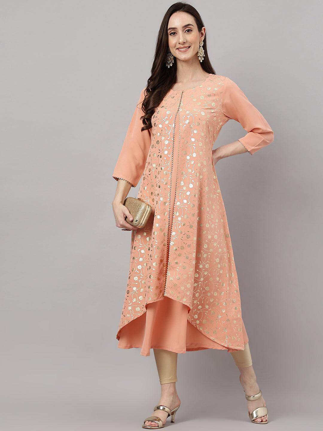 Women's Peach Crepe Foil Print Frontslit Kurta