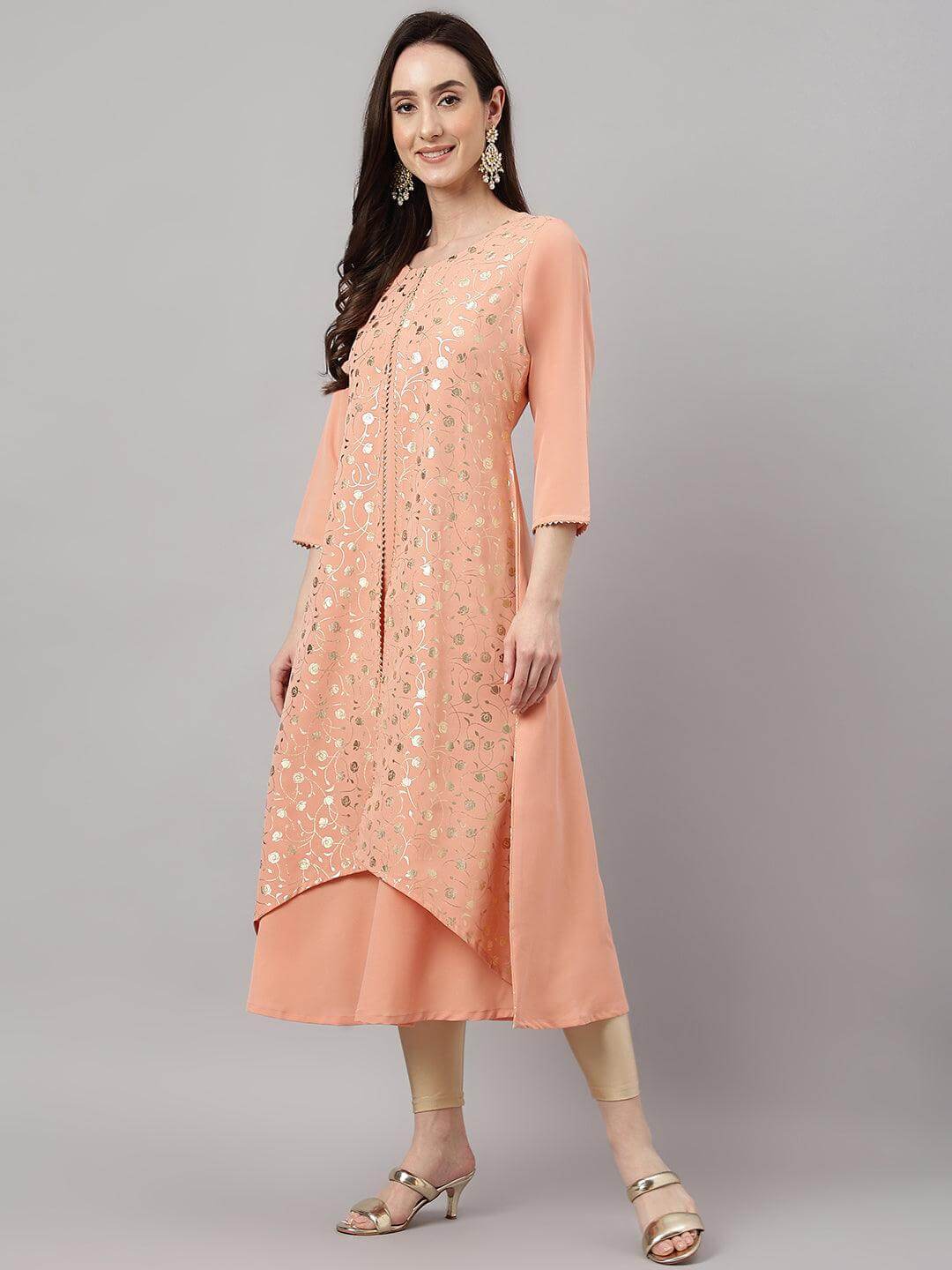 Women's Peach Crepe Foil Print Frontslit Kurta