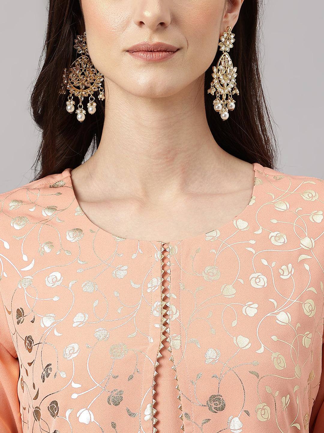 Women's Peach Crepe Foil Print Frontslit Kurta