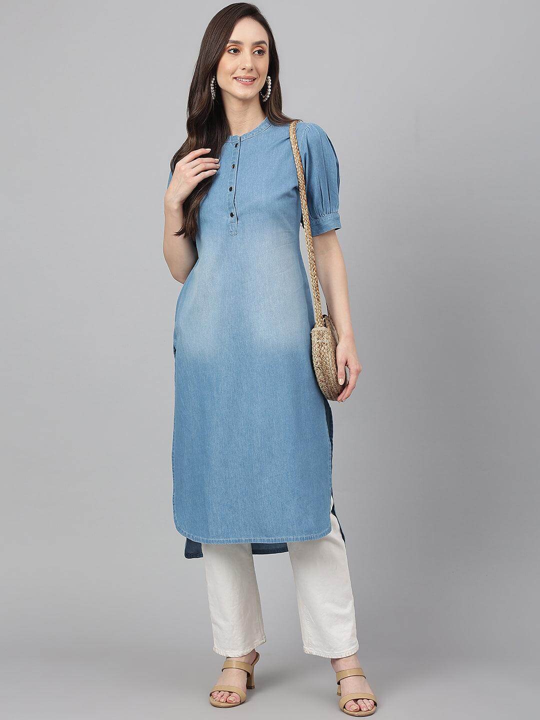 Light Blue Denim Solid High Low Kurta