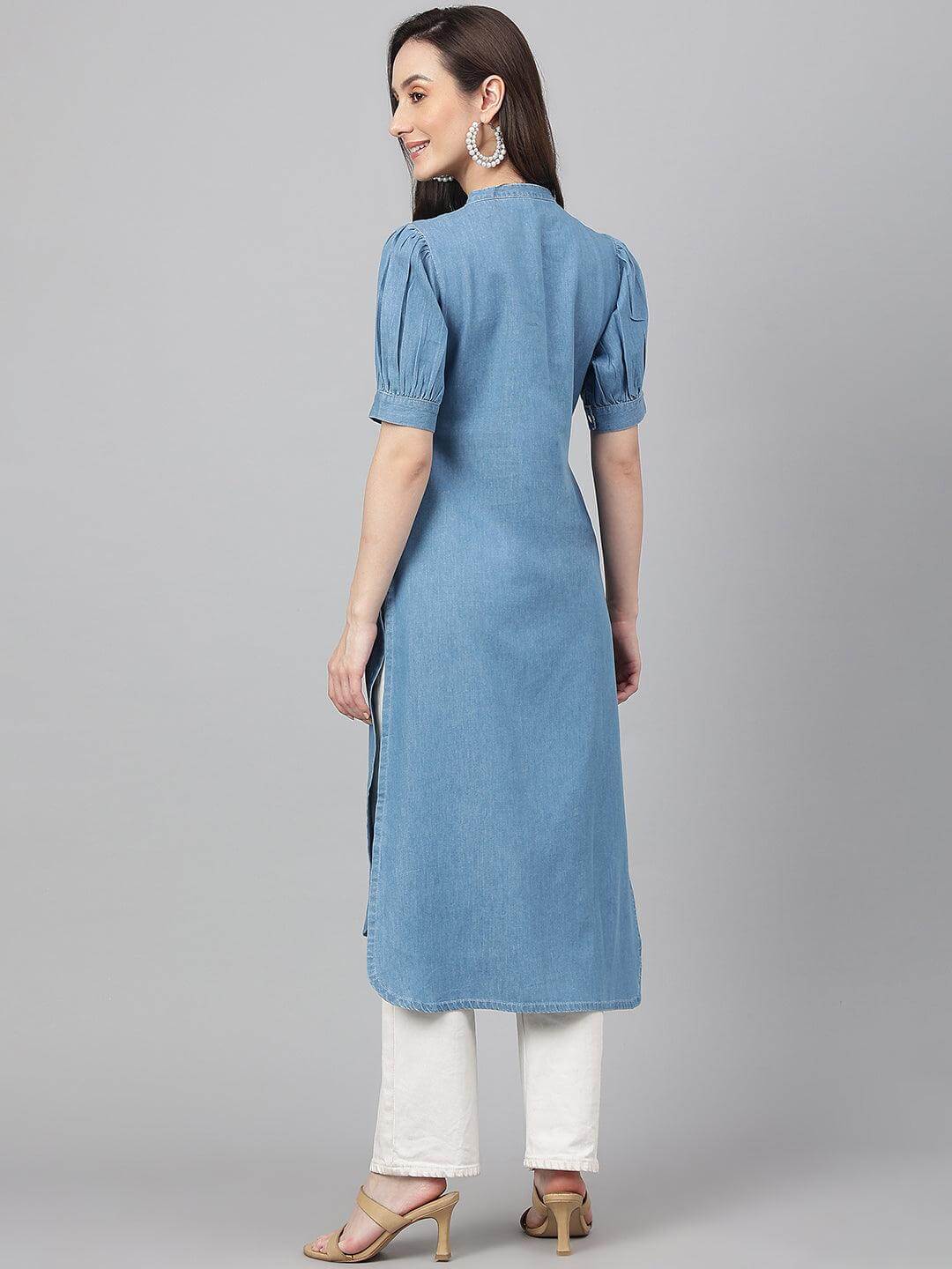 Light Blue Denim Solid High Low Kurta