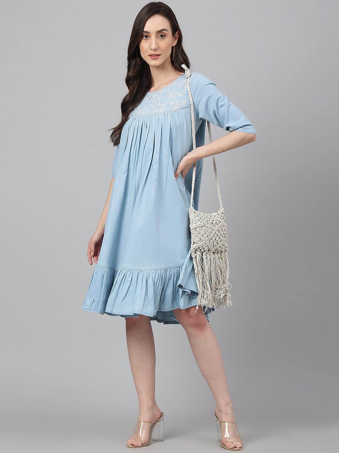 Light Blue Denim Solid Flared Western Dress