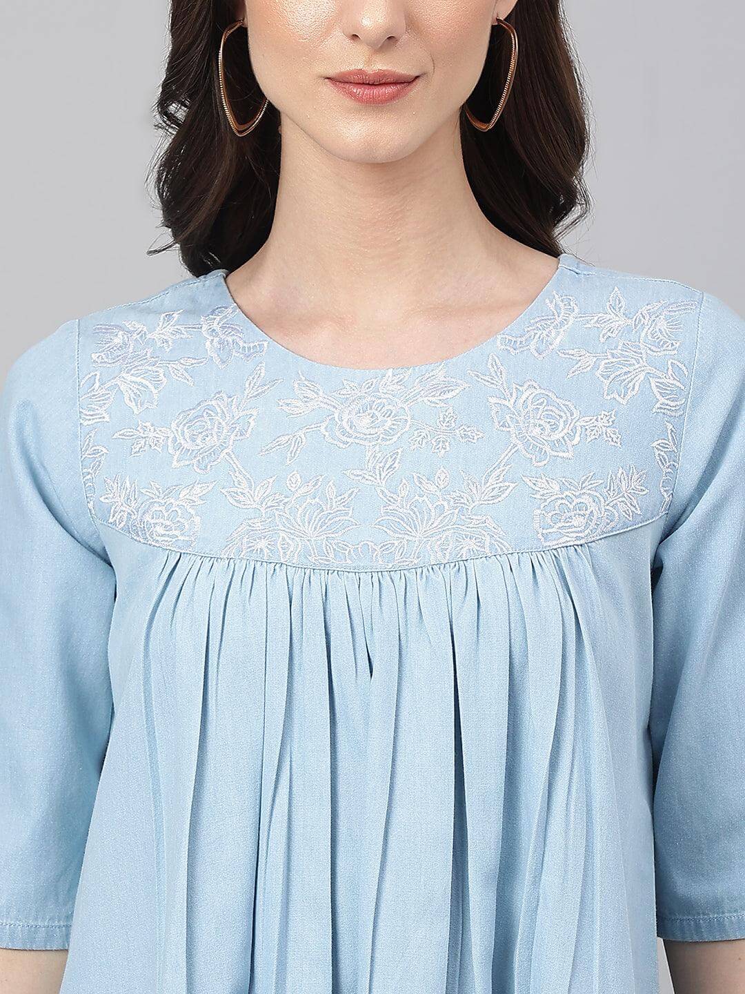 Light Blue Denim Solid Flared Western Dress