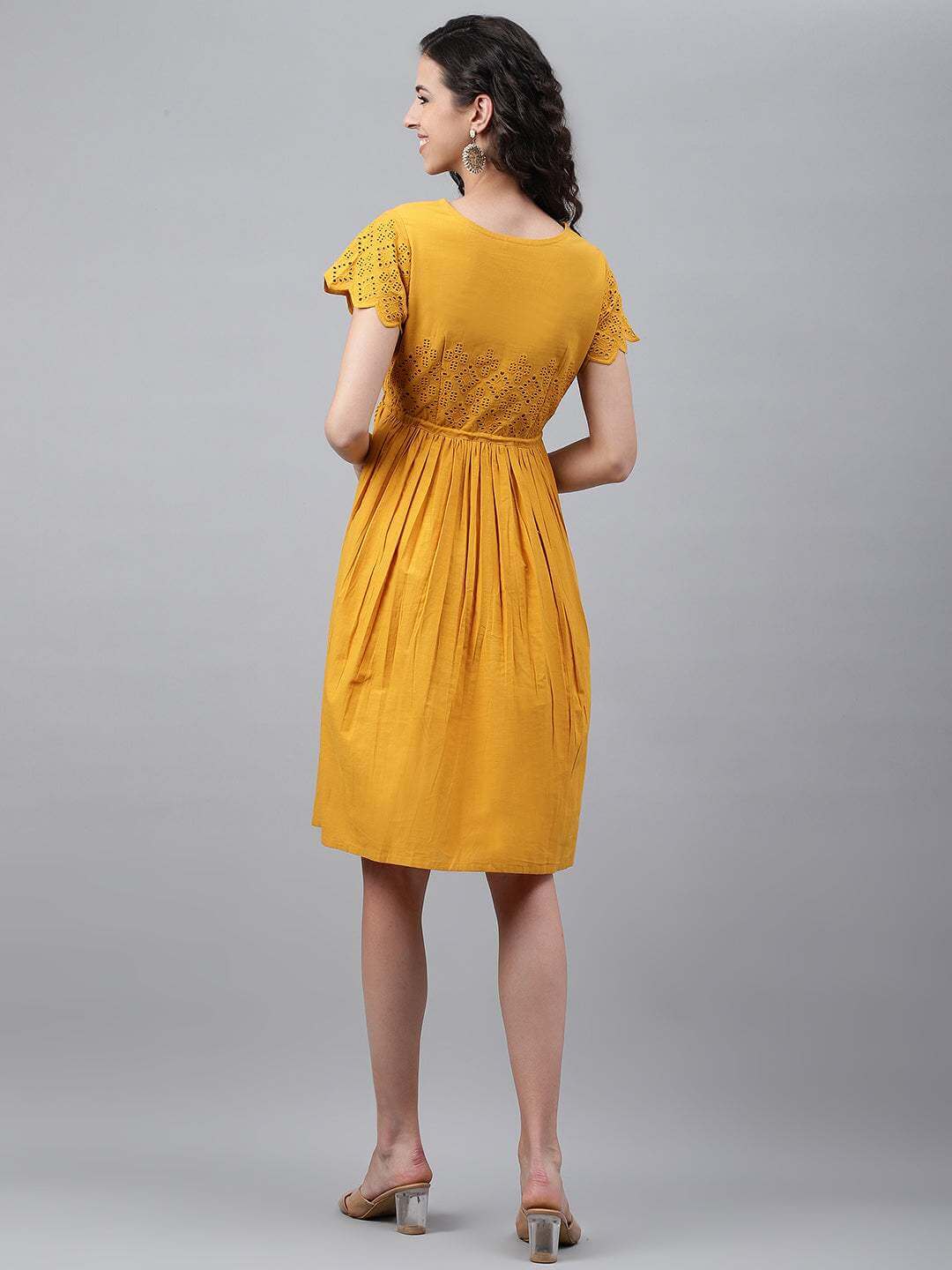 Yellow Cotton Schiffli Flared Dress