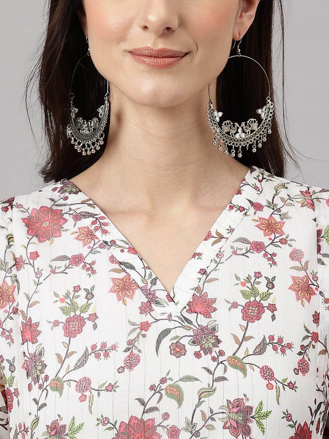 Women's White Chiffon Lurex Floral Printed flared Kurta