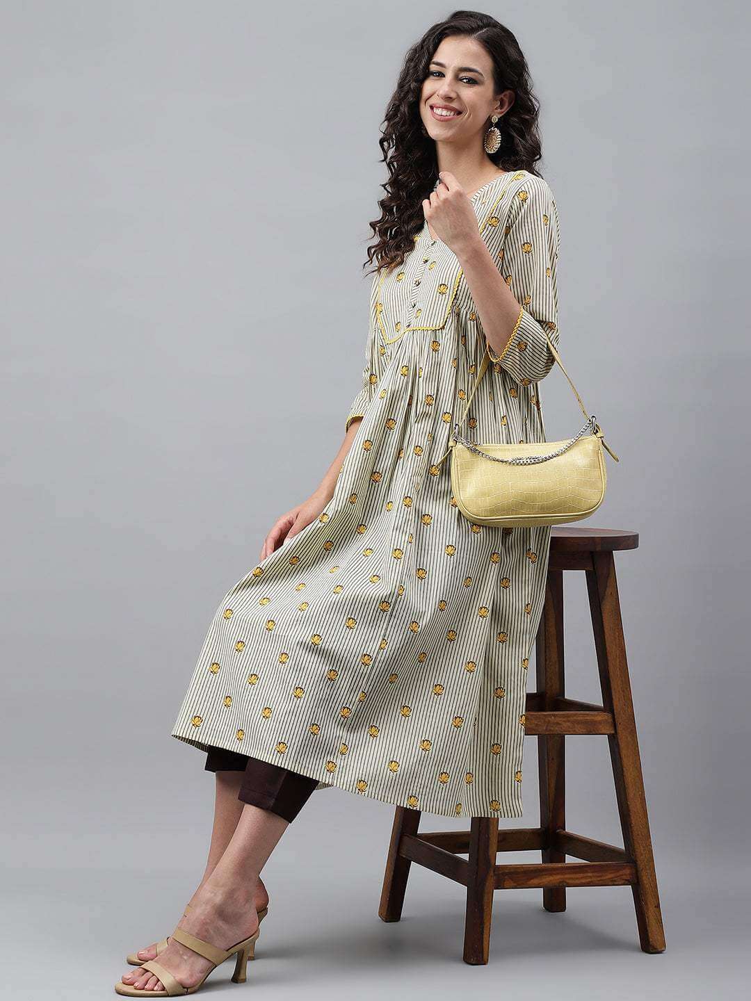 Light Yellow Cotton Floral Printed Flared Kurta