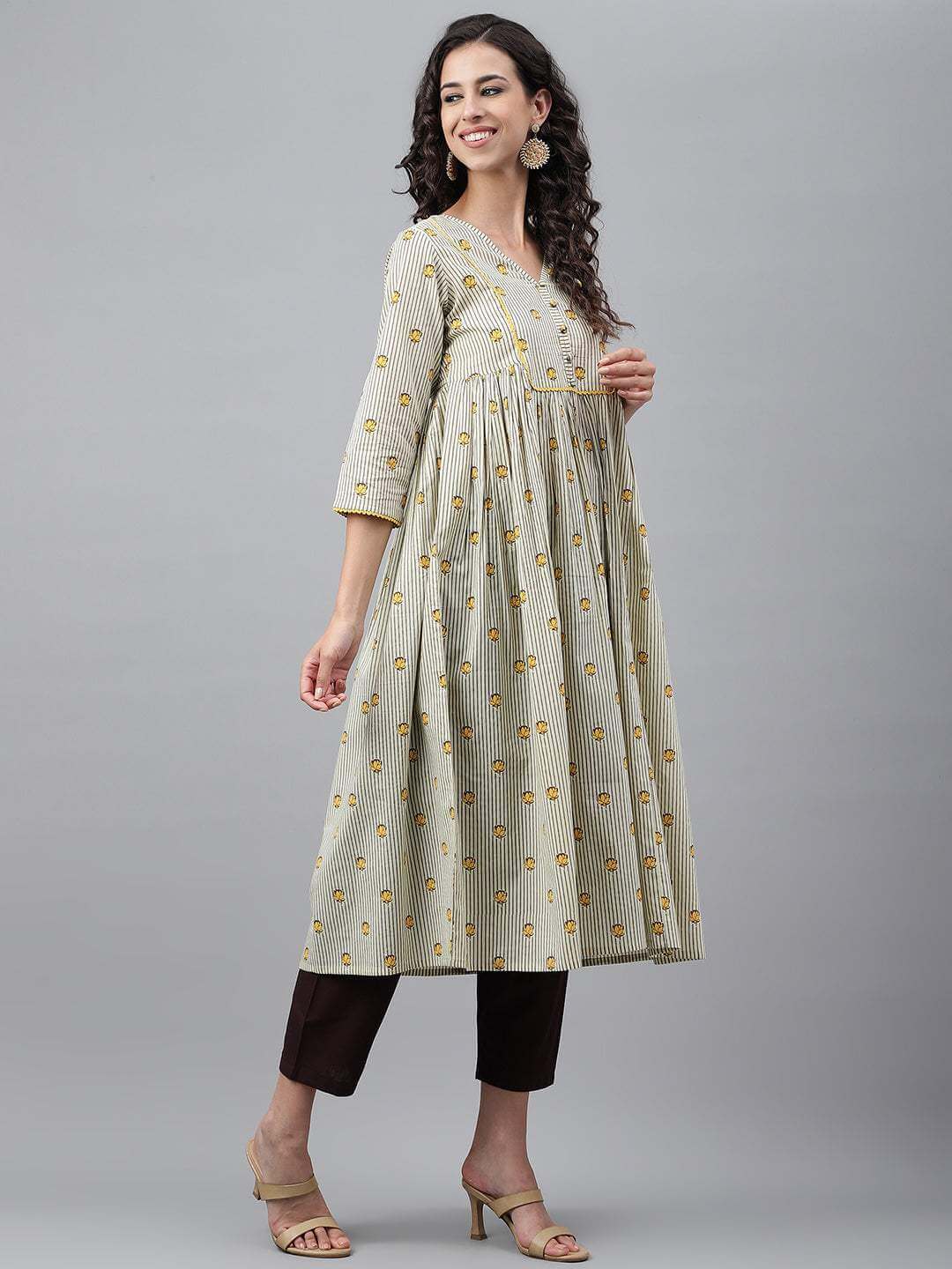 Light Yellow Cotton Floral Printed Flared Kurta