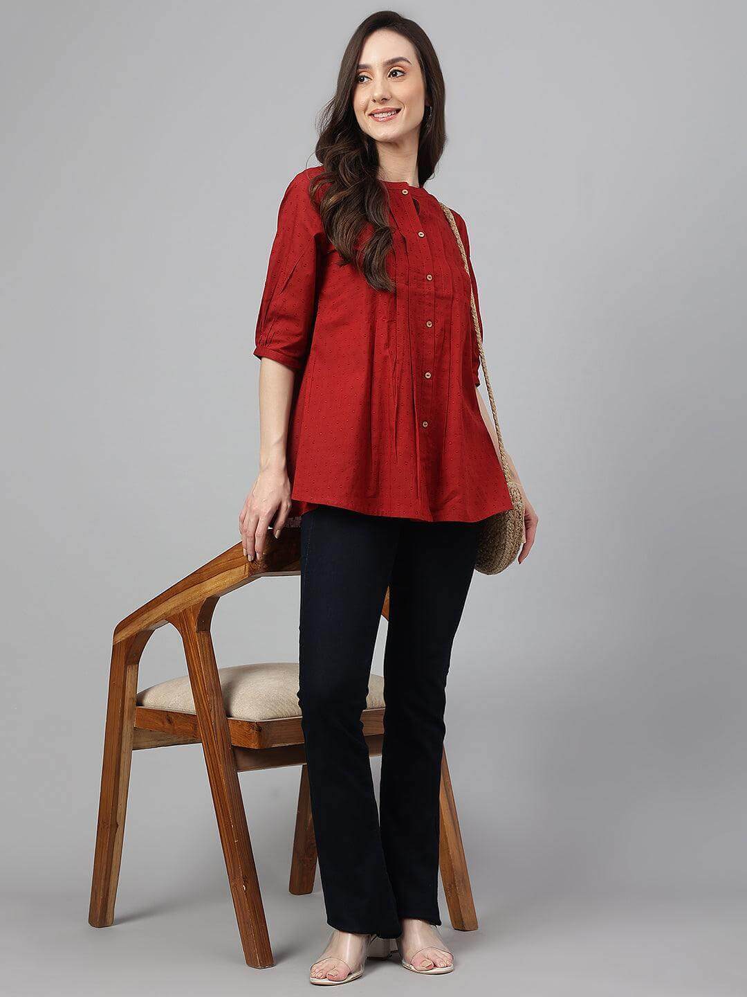 Maroon Cotton Dobby Solid Flared Top