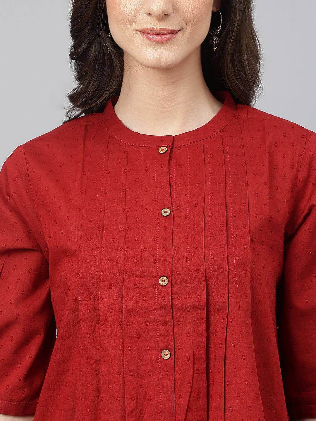 Maroon Cotton Dobby Solid Flared Top