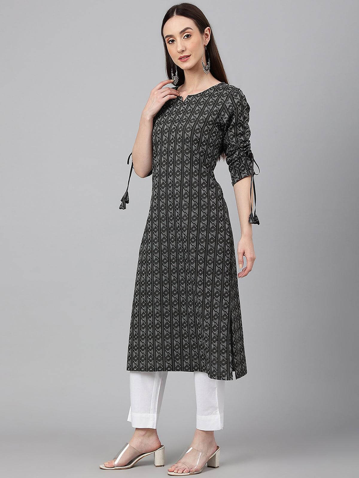 Black Cotton Woven Design Straight Kurta