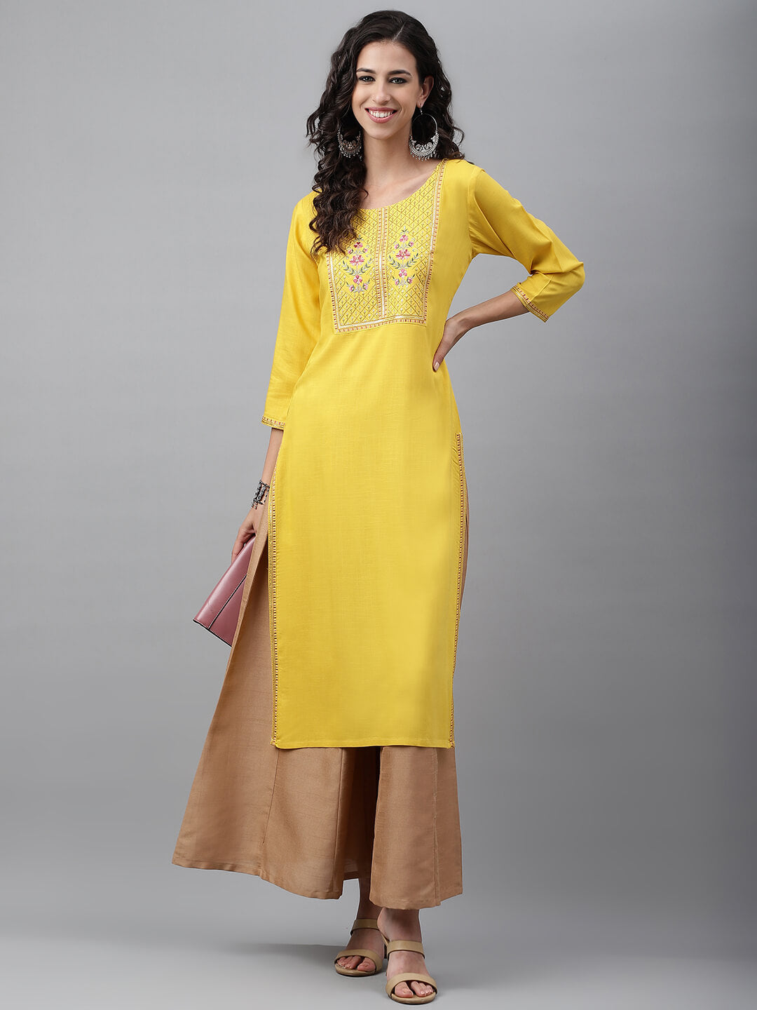 Mustard Poly Rayon Solid Straight Kurta
