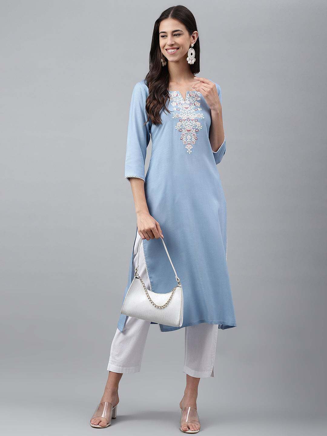 Light Blue Rayon Solid Straight Kurta