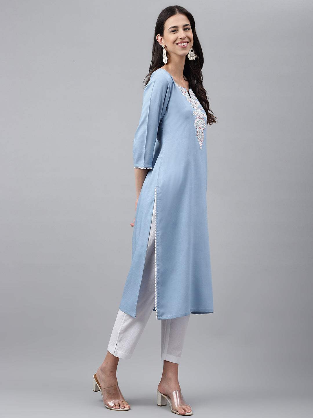 Light Blue Rayon Solid Straight Kurta