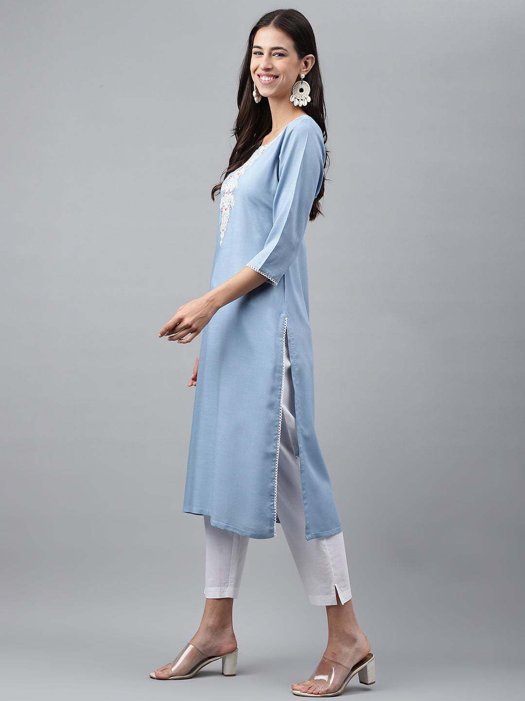 Light Blue Rayon Solid Straight Kurta