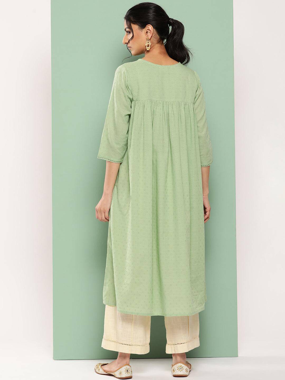 Sage Green Dobby Cotton Solid Empire Kurta