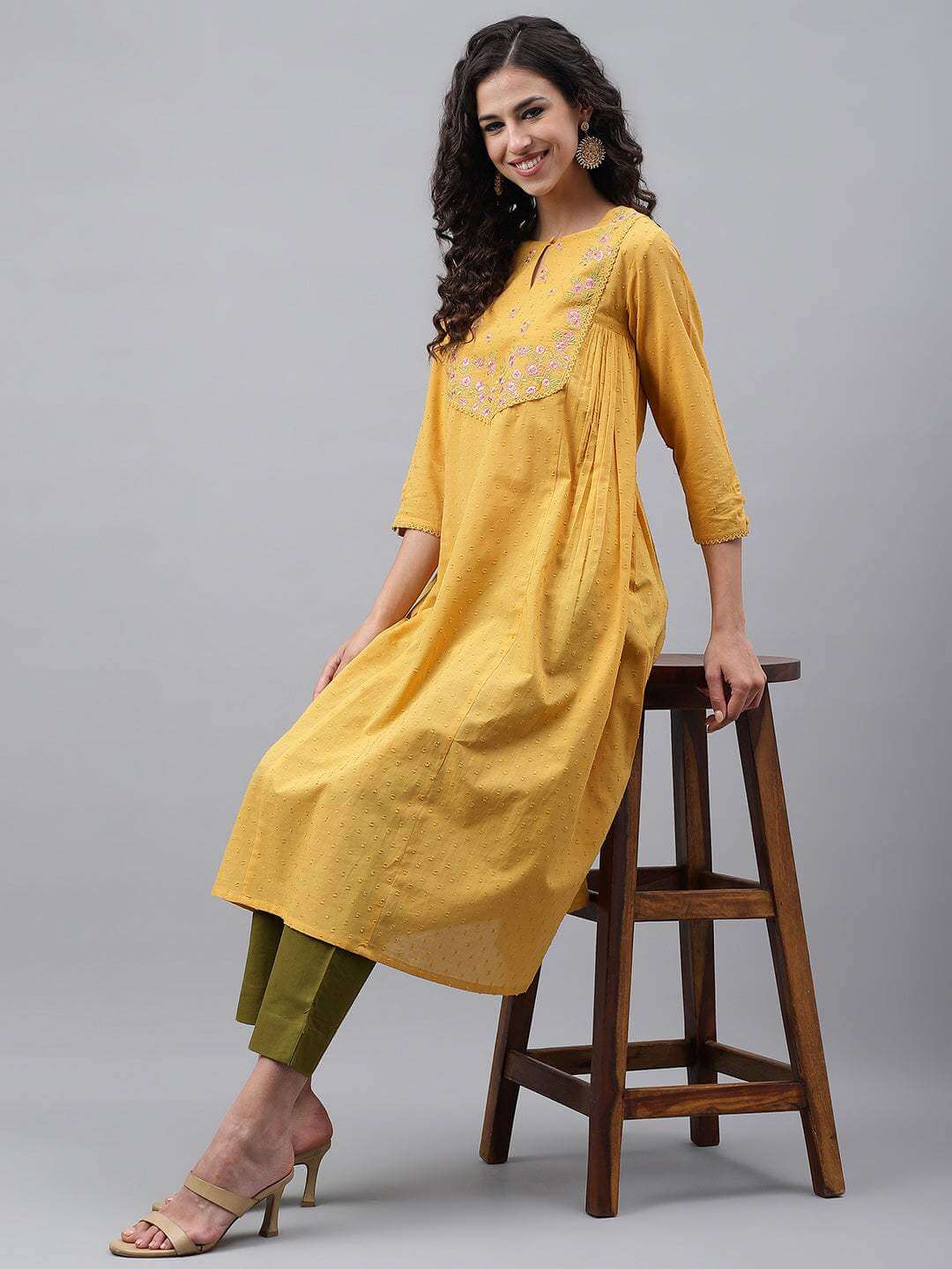Yellow Dobby Cotton Solid A-Line Kurta