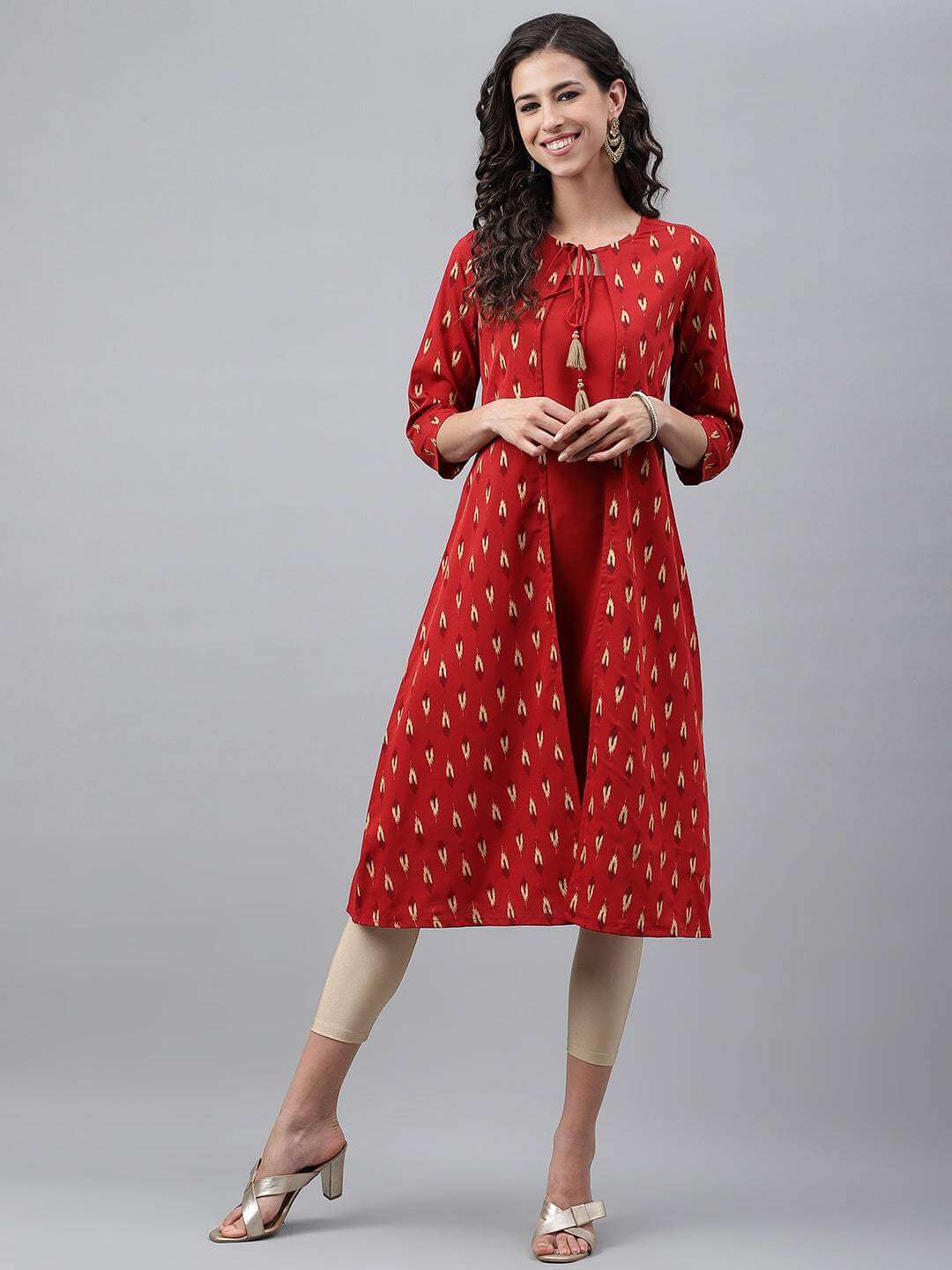 Red Crepe Ikat Printed Jacket Style Kurta