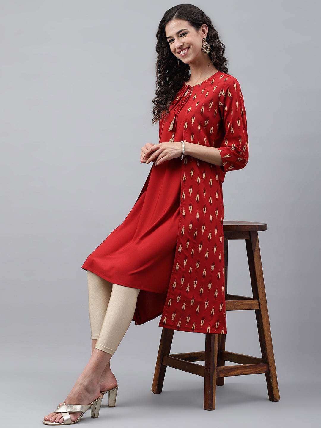 Red Crepe Ikat Printed Jacket Style Kurta