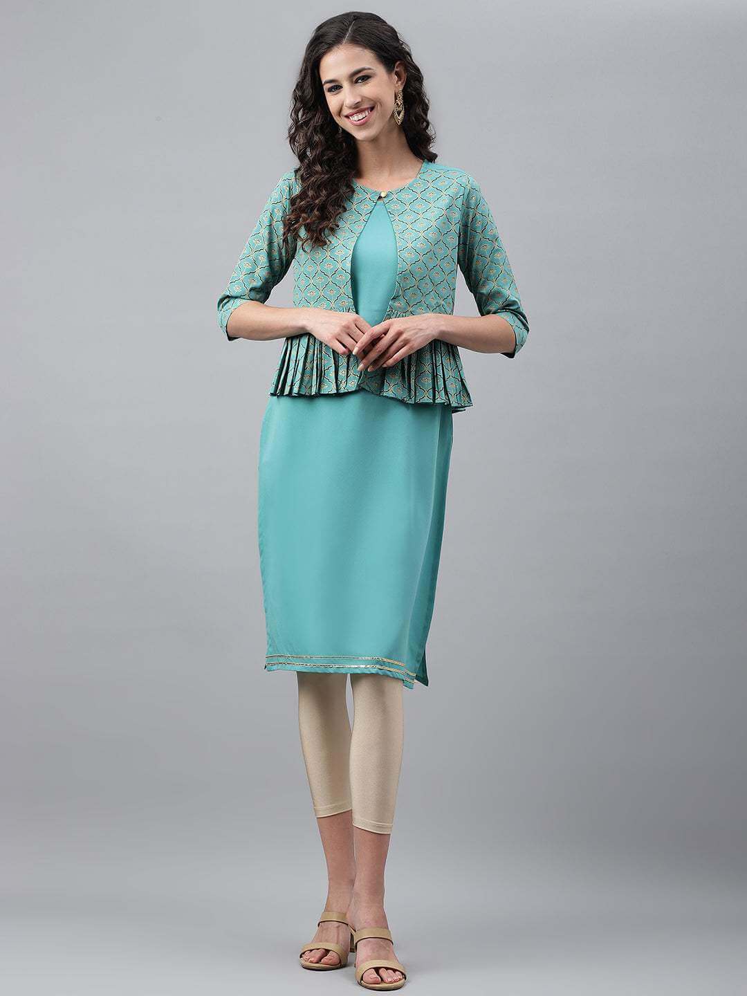 Green Crepe Foil Printed Jacket Style Kurta