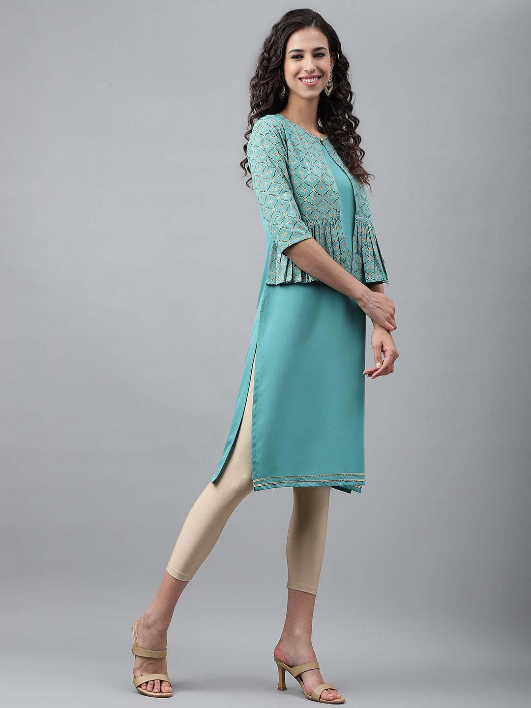 Green Crepe Foil Printed Jacket Style Kurta