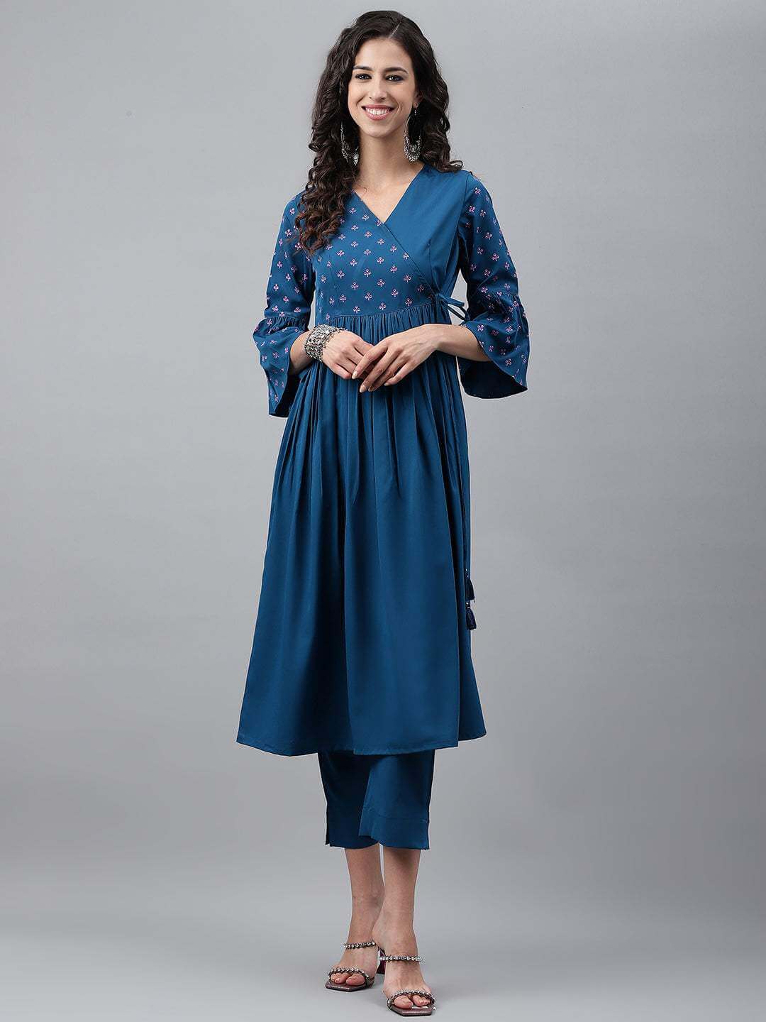 Blue Crepe Solid Angrakha Kurta