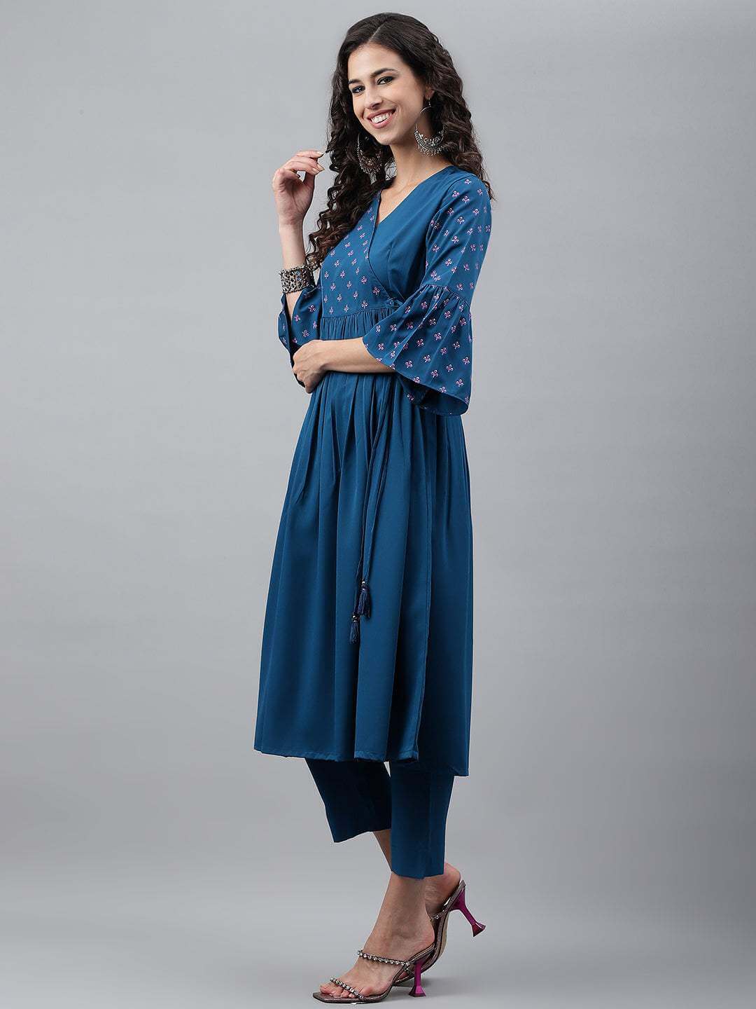 Blue Crepe Solid Angrakha Kurta