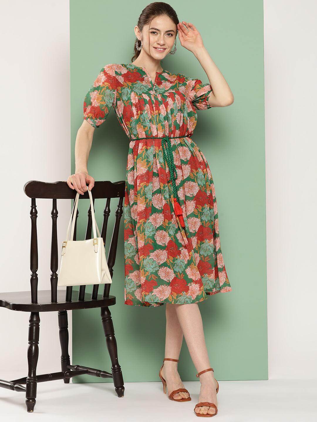 Green Georgette Digital Printed Empire Dress