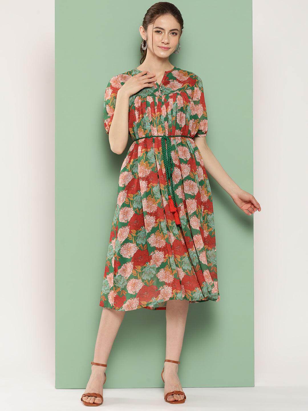 Green Georgette Digital Printed Empire Dress