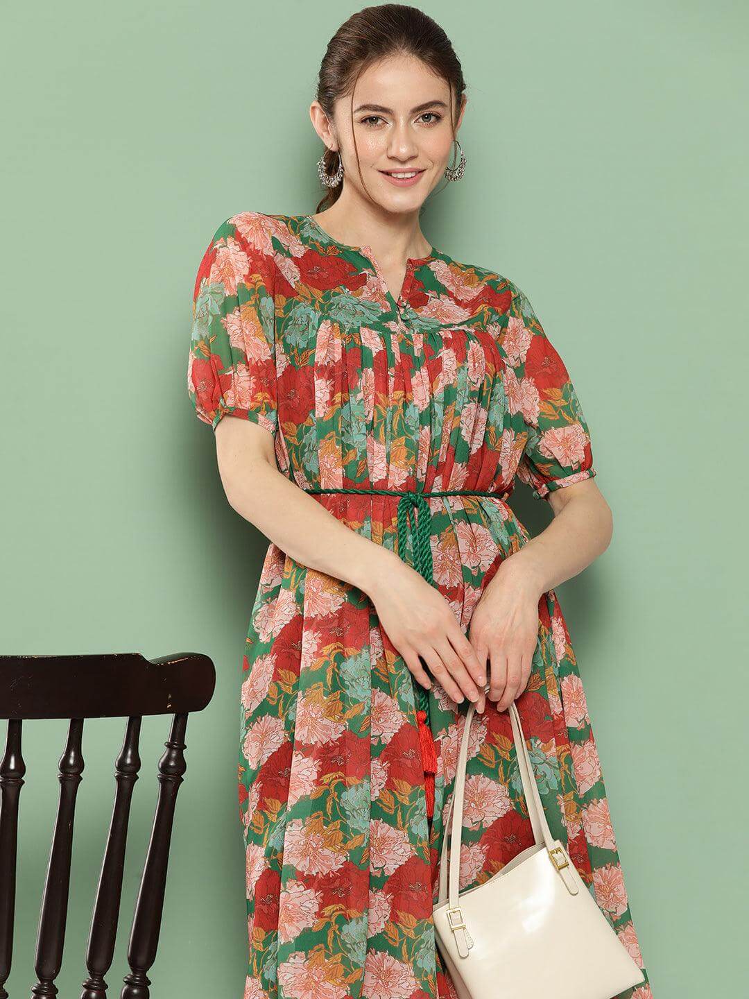 Green Georgette Digital Printed Empire Dress