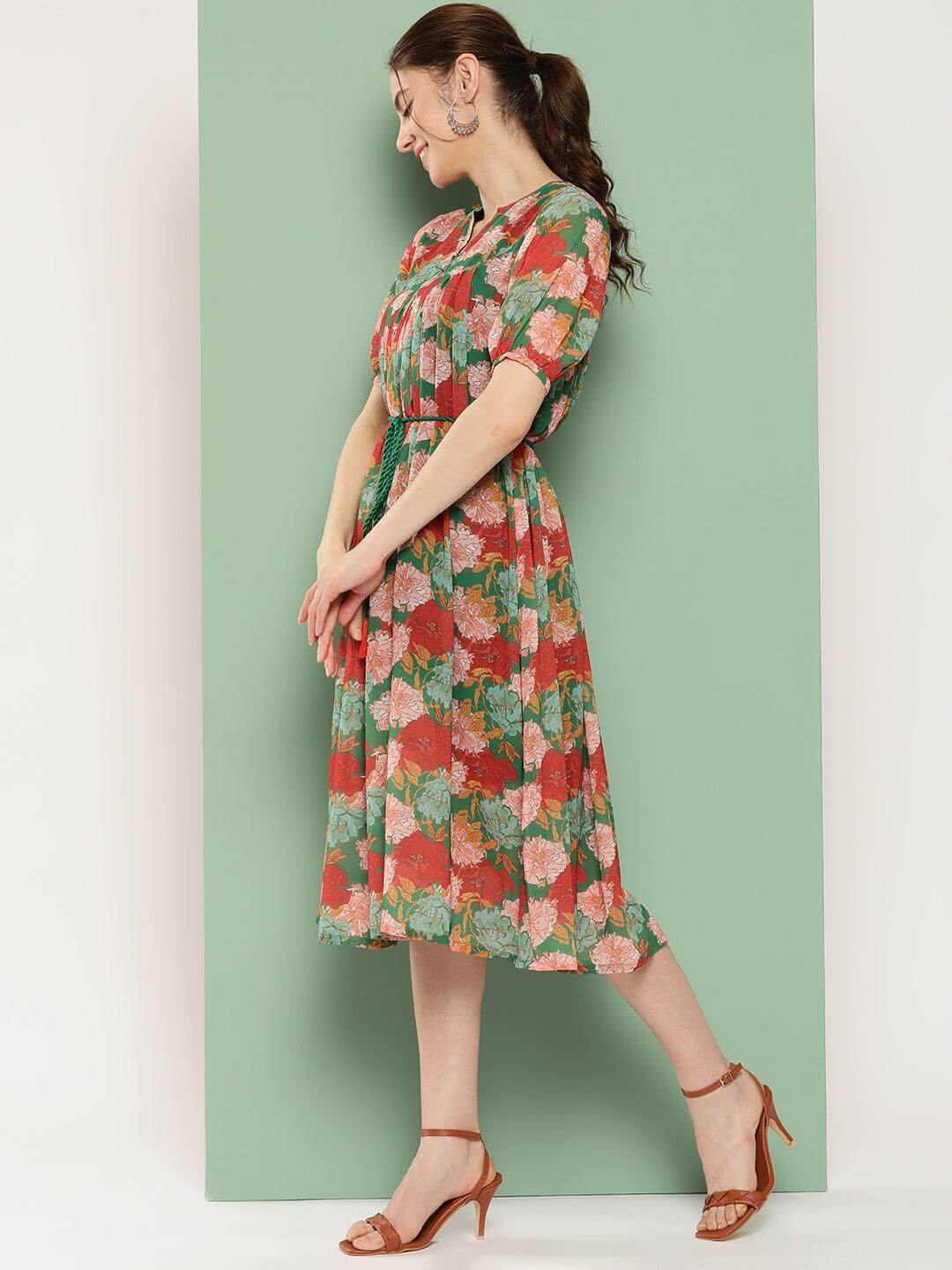 Green Georgette Digital Printed Empire Dress